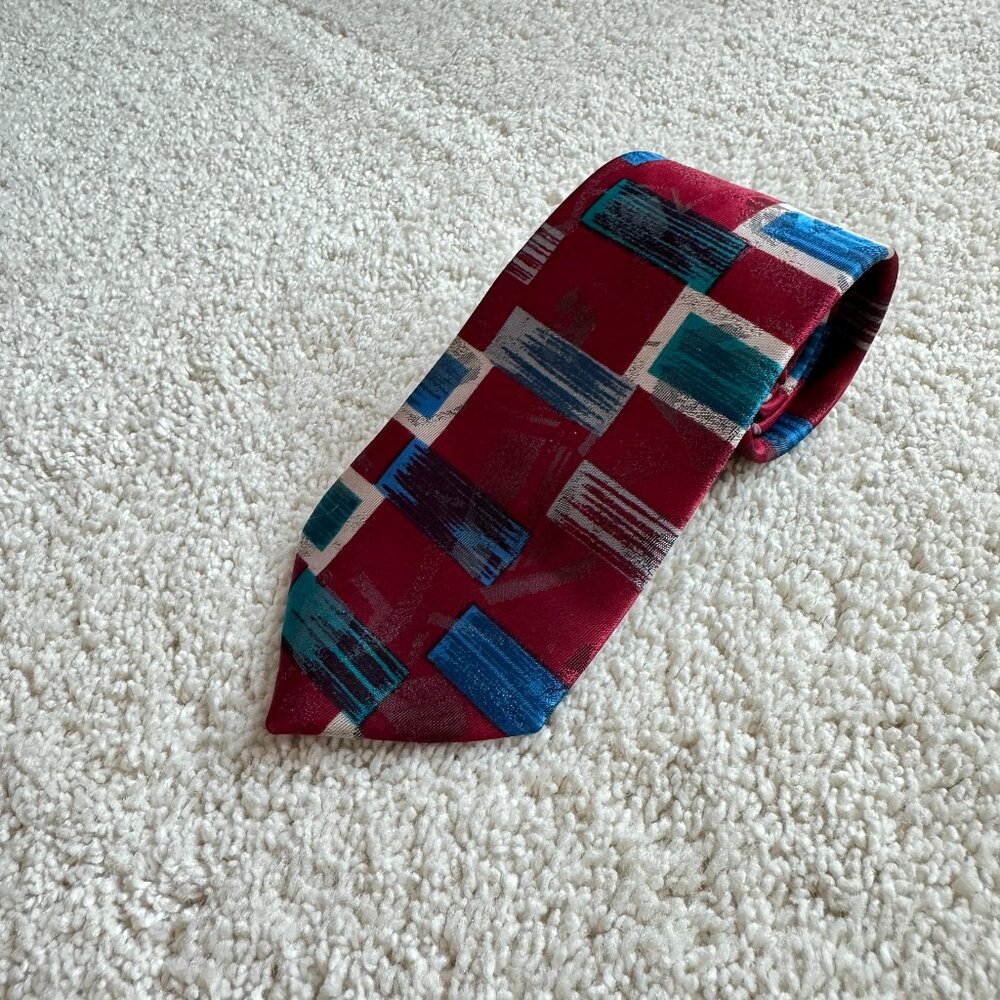 Vintage Michael James Rectangle tie 3 x 49 Red Blue Green White Multi‎